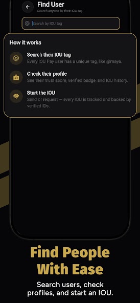 Find User screen — search anyone by their IOU tag