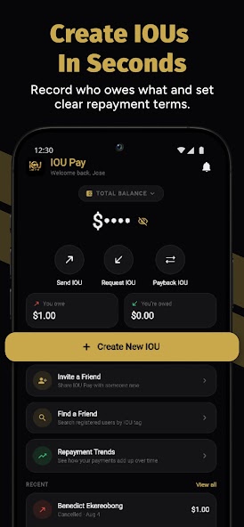 IOU Pay app home screen showing balances and actions