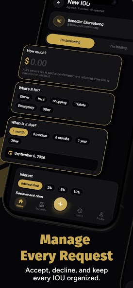 New IOU screen — set amount, reason, due date and interest