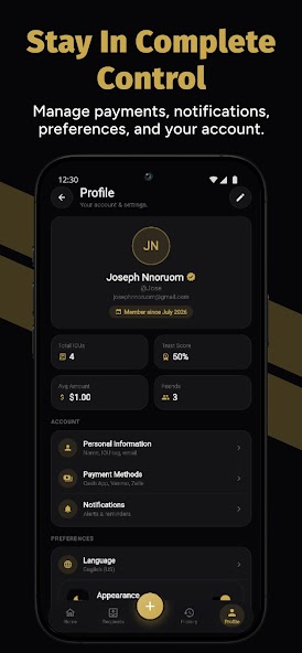 Profile screen — trust score, payment methods and settings